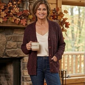 VTG Kathy Ireland Burgundy Marl Knit Chunky Cardigan Sweater | Size Large